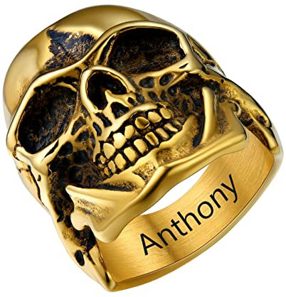 U7 personalisiert Totenkopf Ring für Männer 18k vergoldet Vintage Gotik Totenschädel Statement Ring Biker Hip Hop Roker Ringe Modeschmuck Accessoire für Vater Ehemann(Ring Größe 69)