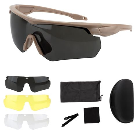 ToopMount Sports Glasses ANSI Z87.1 Shooting Glasses, Anti-UV400 Sunglasses Anti Fog Protective Goggles, Eyewear, Driving Glasses 3 Lenses for Men Women Cycling, Hiking, Running (Khaki)
