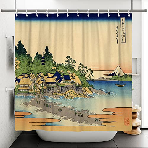 SDOTPMT 180x213cm Montieren Fuji Landschaft Duschvorhang Japanisch Hütte Ozean Strand Orient Traditionell Ethnisch Animes Badevorhang Kanagawa Badewannenvorhang für Badezimmer Polyester mit Haken