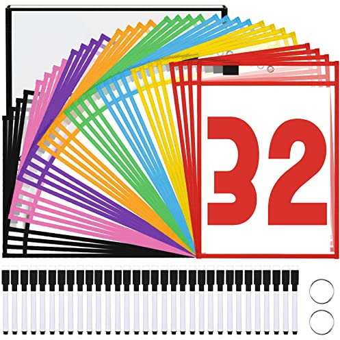 LVNRIDS 32 Stück Wiederverwendbar Trocken Abwischbar Taschen, 10 x 14 in Dry Erase Taschen Pockets, Beschreib und Abwischbar Taschen mit Löschbare Stifte Metallringe für Schulbedarf Büroartikel