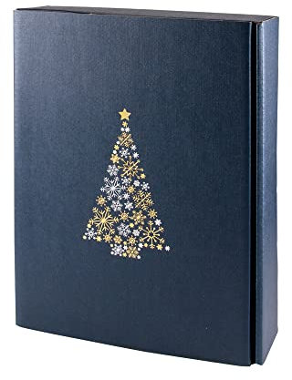 5x Wein Geschenkkarton Weihnachten, für 3 Flaschen, Blau & Gold, Weihnachtsbaum Motiv, hochwertige Leinenstruktur