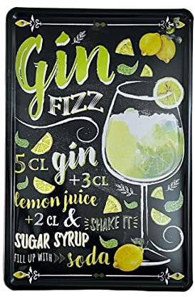 Metal Tin Sign - Gin Fizz Cocktail Recipe - Wall Plaque Retro Vintage 30X20 Cm Decorative For Bar Pub Dining Room Kitchen Bedroom Office Garage Funny Stylish Gift
