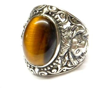 Silberschmuck - BG Herrenring Silber, Gr.64, Motiv Löwe, echter Stein Tigerauge, aus Sterlingsilber massiv gearbeitet, Schutzsymbol