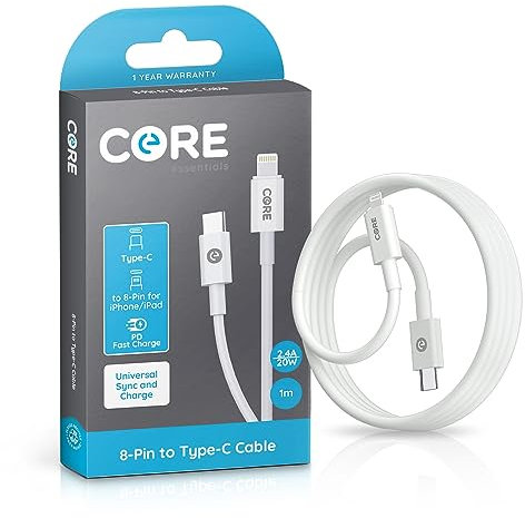 CORE + | 1M USB C to 8-Pin iPhone Long Charger Cable 2.4A 20W | Fast Charging | Compatible with iPhone, iPad, Airpods + Pro Max, Mini, Plus | iPhone 13, 14, 12, 11, 10 (1 x 1M)