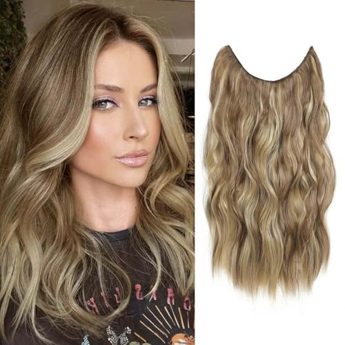 Ms TAj Light Brown with Blonde Halo Hair Extensions Highlights 12 inch with Adjustable Size Removable Clips Invisible Secret Synthetic Curly Hairpiece for Women