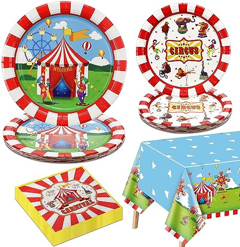 Karneval Party Dekorationen für 20 Gäste, Zirkus Geschirr Set enthält Karneval Pappteller, Willkommen im Zirkus Tischtuch, Servietten für Zirkus Karneval Party Dekorationen, Kindergeburtstag Party