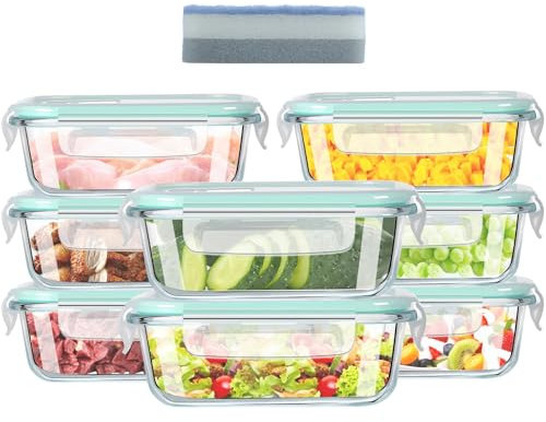 ERUIV Meal Prep Containers 1040 ml, Set de 8 Recipientes Herméticos Para Alimentos, +1 Esponja Limpiadora, Fiambrera Cristal, Sin BPA, Apto Para Microondas, Horno y Lavavajillas, Transparente, Azul