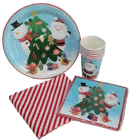 Set da tavola da 25 pezzi carino per feste di Natale, facile da pulire, tovaglia, piatti di carta, bicchieri di carta, tovaglioli di carta