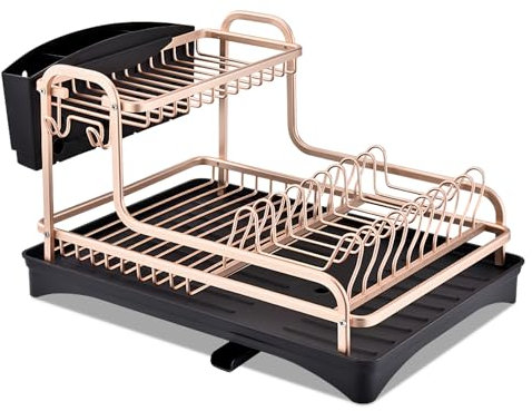 BTGGG Aluminum Dish Drainer 2 Tier Dish Rack with Swivel Drainage Spout Drain Board, Dish Drying Rack with Removable Utensil Holder & Cup Holder, Kitchen Dish Drainer Rack, Rose Gold