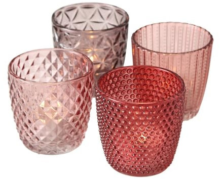 Windlicht Marilu Rosa 4er-Set aus Glas - Teelichthalter mit verschiedenen Ornamenten - Kerzenständer Windlichthalter Kerzenhalter Wohndekoration Tischdekoration Glaskerzenhalter 4-teilig 7,5 x 7,5 cm