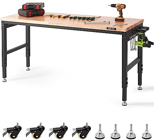 VEVOR Banco da Lavoro Regolabile Tavolo Lavoro Dimensioni Piano 1829 x 635mm Altezza Regolabile 71,1-100,3 cm Carico max. 1361kg, Tavolo con Prese di Corrente Piano in Legno per Ufficio, Casa, Garage