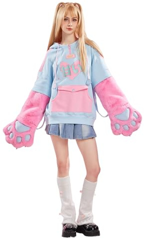 Winx Club Sudadera con capucha para mujer con guantes de pata de gato peluda desmontables y bolso de mano de doble propósito, Azul y Rosa, Large
