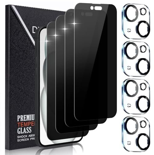 Didisky 4-Unidades Privacidad de Vidrio Templado Protector de Pantalla para iPhone 15 Plus 6,7'', y 4-Unidades Protector de Lente de Cámara, Anti-voyeur, Antihuellas, Sin Burbujas, 9H