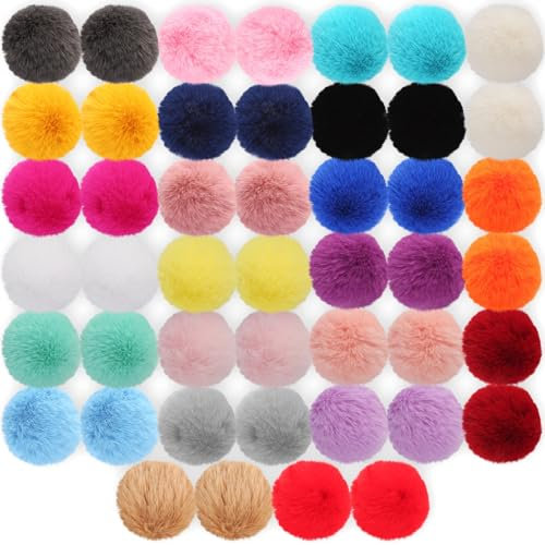 RVLZKCPG 46 Stück Bommel für Mütze, Kunstfell Kaninchenfell Pompons, 8cm Fellbommel, Pompoms mit Gummiband für StrickMützen Schuhe Schals SchlüSselanhäNger Basteln (23 Farben)