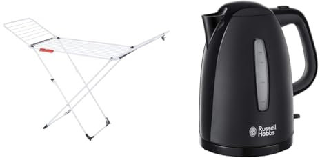 Vileda Extra X-Legs Clothes Airer, Indoor Clothes Drying Rack with 20m Washing Line, White & Russell Hobbs Textures Electric 1.7L Cordless Kettle (Fast Boil 3KW, Black premium plastic, matt
