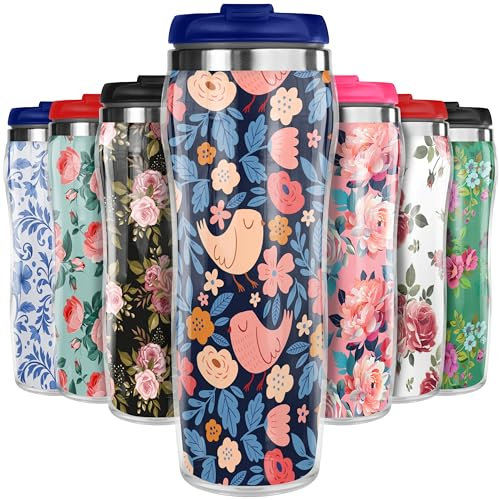 Pixly® Retro Birds and Flowers Thermal Travel Mug Coffee Tea Flask, 400ml/14oz Capacity, Flower, Floral Pattern - Retro Birds & Flowers