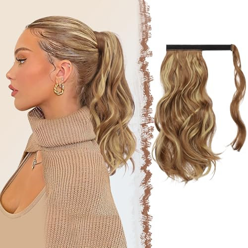 FESHFEN Wellen Pferdeschwanz Haarteil 35 cm Natürlich Lockig Pferdeschwanz Verlängerung Zopf Synthetik Haarverlängerung Ponytail Haare Extension für Damen, Rötliches Braun Gemischtes Aschblond