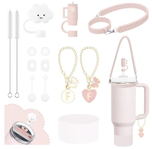 JALZEMPL Stanley Becherzubehör - 9-10 mm Strohabdeckung, Topper, Silikonmanschette, Anfangsbuchstaben-Charm, Auslaufsicheres Dichtungsset für Stanley 2.0 Cup, 30 und 1,2 l (Rosenquarz)