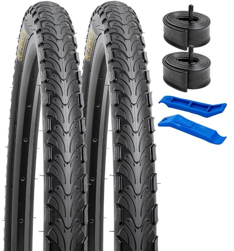 YunSCM 2er-Pack Faltbar 24 Zoll Reifen 24x1.95 und 2er-Pack 24'' Schlauch Ventil AV32mm Valve kompatibel 50/54-507 Fahrrad 24x1.90 24x1.95 24x2.0 24 Zoll Reifen und Schlauche