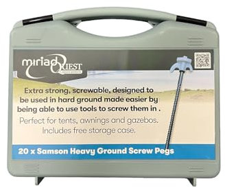 Miriad Quest Heavy Duty Screw in Tent Pegs Ground Pegs - 20 Hard Ground Camping Pegs For Tent, Awning & Tarpaulin, Long Steel Screw in Ground Stakes Metal Tent Pegs Plastic Storage Case