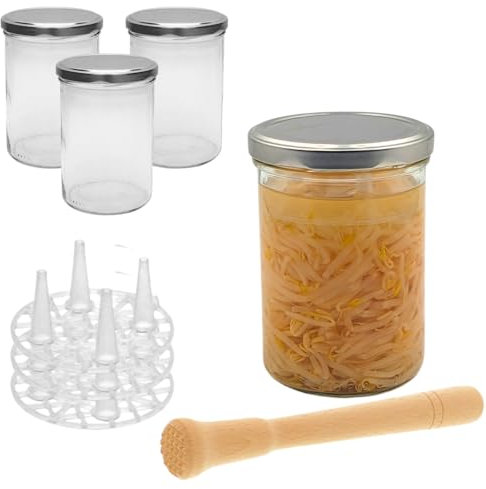 Fermentieren Starter Set 4x Fermentierglas 435 ml mit Deckel PVC frei, Fermentiergitter, Holzstampfer und Etiketten