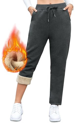 Vorvowry Fleece Lined Joggers Womens Fluffy Sherpa Trousers Warm Thermal Sweatpants Winter Thick Tracksuit Bottoms Drawstring Pockets for Ladies Running Fitness XL Straight Leg Dark Grey