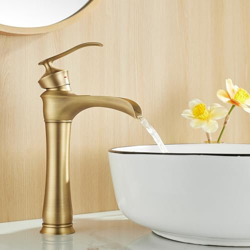 Maynosi Rubinetto Bagno Lavabo Alto, Miscelatore per Lavabo a Cascata, Rubinetti Lavabo Alto Retro, Rubinetto Miscelatore Monoleva Elegant in Ottone, Includono Tubi (Ottone Antico)