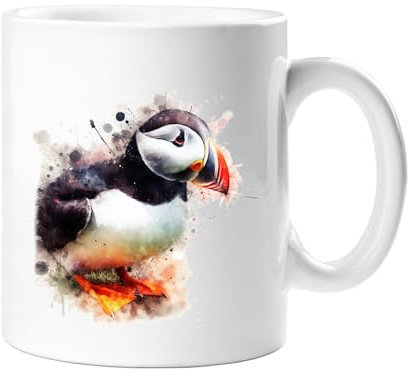 Stag Gallery Puffin British Wild Birds Watercolour Splash Effect Gift 10oz Ceramic Mug Artistic Colourful Coffee Tee