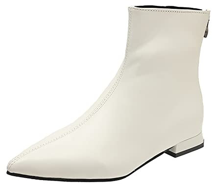 Sommerkind Schuhe Damen Boots Mode Frauen Kunstleder Einfarbig Dicke Sohle Quadratische Absätze Reißverschluss Kurze Booties Spitzschuhe Compatible with Motorradbekleidung Damen Schuhe (White, 39)