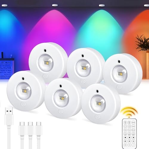 Epochglo Vitrinenbeleuchtung LED Kabellos mit Fernbedienung, RGB Farbwechsel Schrankbeleuchtung Akku Dimmbar LED Spot Batterie Unterbauleuchte Küche USB Aufladbar mit Timer Magnetisch Rund, 6 Pack