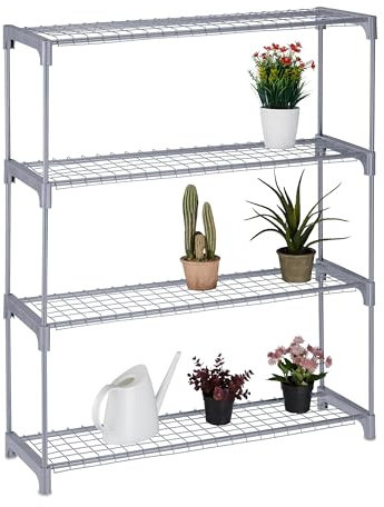 Relaxdays Blumenregal, 4 Ablagen, Blumen- & Pflanzentöpfe, Metall & Kunststoff, HxBxT: 106x91x28 cm, Kräuterregal, grau