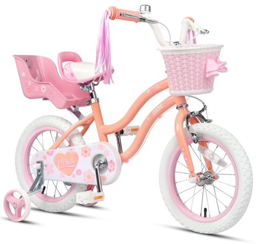 Glerc Petals 12 14 16 Zoll Kinderfahrrad Prinzessinnen-Stil für 2-8 Jahre alte Mädchen, mit Lenkerquasten & Korb & Stützrädern,Rosa/Blau/Lila/Pfirsichfarben