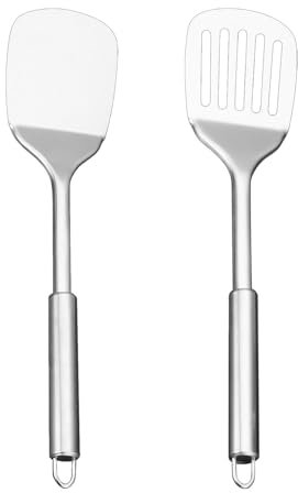 2 Pack Stainless Steel Spatulas Set,Heavy Duty Slotted and Solid Turner, High Heat Resistant Kitchen Utensils for Fish, Eggs, Pancakes, Dishwasher Safe Silver Cookware