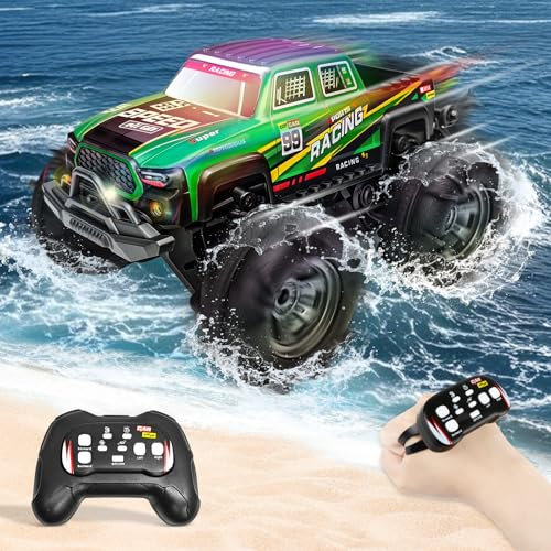 Charmofun Amphibisches Ferngesteuertes Auto, 2,4 GHZ 4WD Ferngesteuerter Monstertruck 360° Drift, 1:16 RC Auto Amphibienfahrzeug All Terrain Wasserdichter mit 2 Batterien für Kinder (Green)