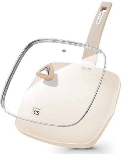 KOCH SYSTEME CS Bistecchiera antiaderente per cottura interna, padella quadrata in ceramica da 24,9 cm con coperchio, versatile padella antiaderente per piani cottura, compatibile a induzione