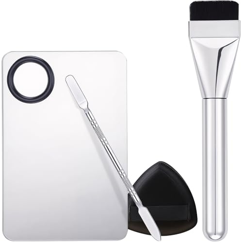 4 Pcs Makeup Mixing Palette Set, Stainless Steel Makeup Palette & Spatula Set, Stainless Steel Cosmetic MakeupPalette Foundation Mixing Palette for MakeupArtist Tools, Mixing Foundation Art MakeupTool
