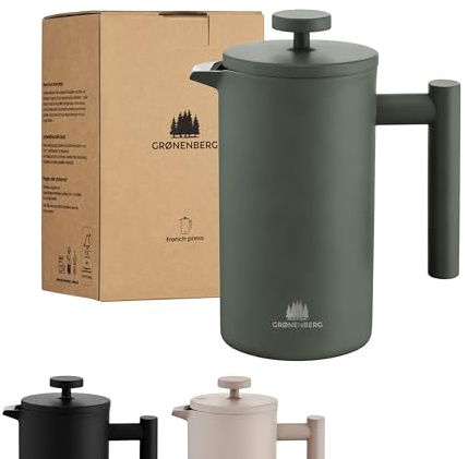 Groenenberg French Press Forest (grün) 600 ml o. 1 Liter I Hochwertige Kaffeepresse mit Thermo Warmhalte-Funktion I Edelstahl Kaffeebereiter