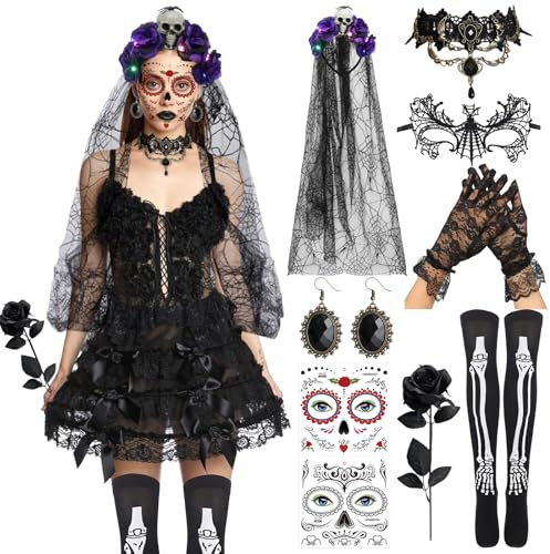 Qunkun Tag der Toten Haarreif mit LED, Dia de Los Muertos Haarreif Schleier, Halloween Kostüm Damen, Damen Kostüm Accessoires, Kostüm Horror für Halloween Fasching Karneval Party Cosplay