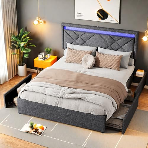 SHAODENG Polsterbett Doppelbett 140x200, Jugendbett mit LED und USB-Ladefunktion, Stauraumbett mit 4 Schubladen, Funktionsbett Rückenlehne Bettgestell mit Lattenrost, Grau Linen ohne Matratze