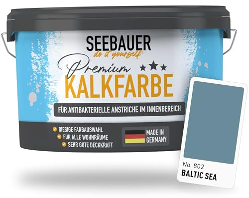 SEEBAUER diy Kalkfarbe Blau für Innen 300ML (No. 802 Baltic Sea) - Antibakterielle Innenfarbe für Putz, Beton & Mauerwerk - Atmungsaktive Mineralfarbe