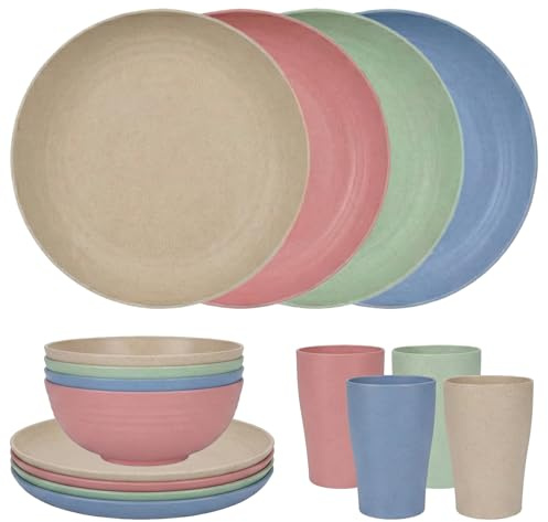 16 Pieces Plastic Plates Bowls Set, Reusable Dinnerware Service for 4 | Plastic, Unbreakable Tableware Dinner Set Microwave Dishwasher Safe Multi Colour