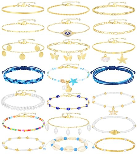 17KM 21PCS Gold Ankle Bracelets for Women, Boho Shell Bead Cuban Link Chain Waterproof Gold Anklets Set, Adjustable Layered Anklets for Women Beach Jewelry Gift