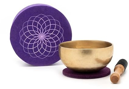 Klangschalen-Set 'STILLE' mit geschmiedeter Klangschale in einer farbenfrohen Geschenk-Box in Lila: 100% Handgefertigt in Nepal und natürlich fair gehandelt. (Set in Box - Geschmiedete Klangschale)