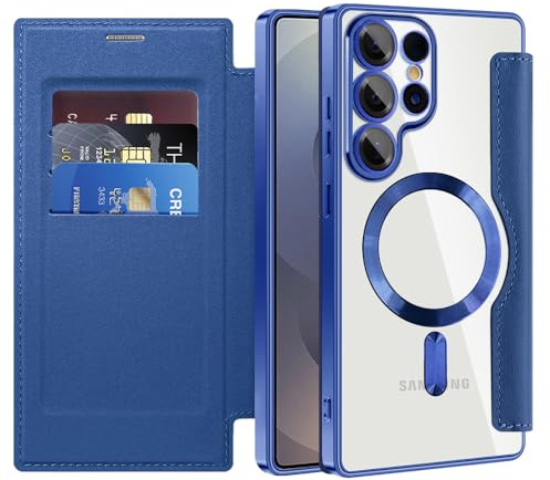 Techsuit für Samsung Galaxy S25 Ultra Flip Wallet Hülle mit Kartenfach, Magnetring Kompatibel, RFID Schutz, Stoßfest, Standfunktion, SmartMag Book Case, PU Leder, Blau