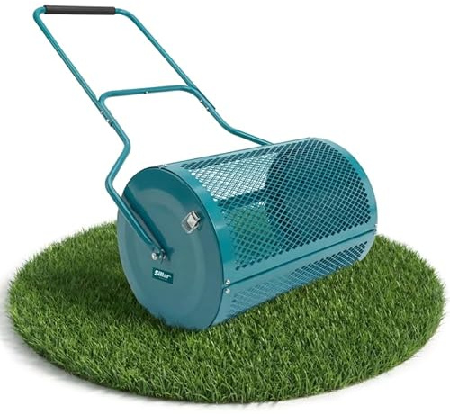 Sillar Spandiconcime a Rullo 75 L, Spanditore Metallico per Concime con Rullo in Rete 40 x 60 cm, per Compost, Torba, Concime Organico, Sabbia e Terreno, Prato e Giardino con Manico