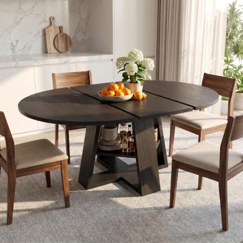 Comedor Mesa Extensible Redonda Madera con Estante, para 6-8 Personas | Se Expande de 110-150 cm. Ahorra Espacio. Estilo Rústico Industrial. Ideal para Salón, Cocina u Oficina. Negro