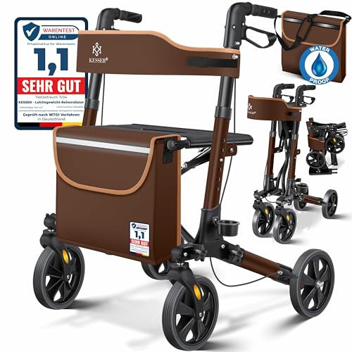 KESSER Rollator Aluminium Set, Leichtgewicht-Reiserollator mit Vollausstattung, 3-fach faltbar für Kofferraum klappbar Reise und Flug, Höhe verstellbar, Gurt, Stockhalter Gehwagen Laufhilfe Gehhilfe