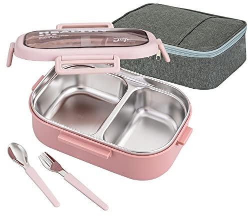 Lille Home Bento-Lunchbox aus Edelstahl mit 2 Fächern, auslaufsicher, 850 ml, Lebensmittelbehälter mit Portionskontrolle, mit Lunchtasche und Besteckset, BPA-frei