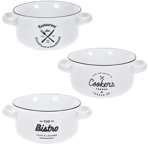 Juego de 3 cuencos para sopa con asas, gres porcelánico blanco para servir sopa de cocina, cebolla francesa, vajillas para sopa honda con mango de fideos, microondas y lavavajillas