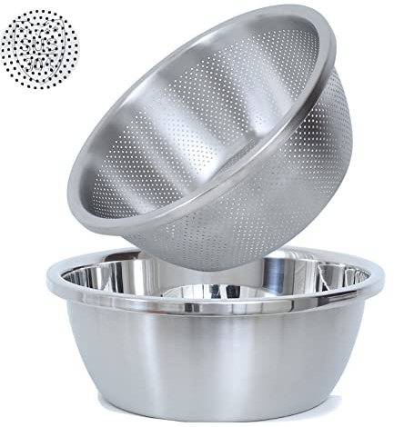 Paoli 304 Stainless Steel Fine Mesh Colander Set, 2QT Large Capacity Strainer with Mixing Bowl — Rinse Fruits, Veggies, Rice & Drain Pasta, Dishwasher Safe (2-Piece)